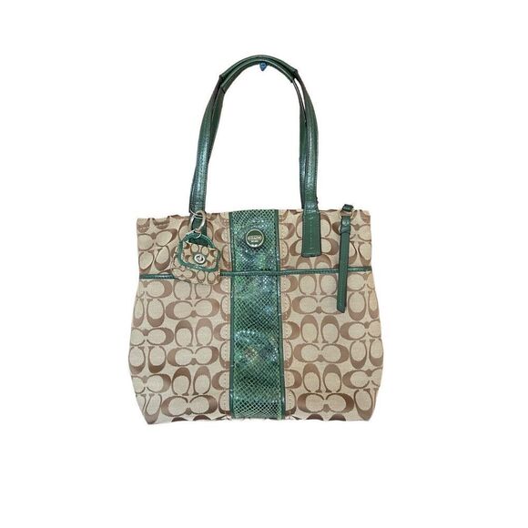 Coach Womens Khaki & Green Double Handle Signature Stripe Python Tote Bag - Picture 1 of 8